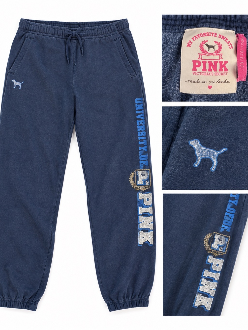 PINK Victoria's Secret Navy Blue Track Joggers with Blue Logo